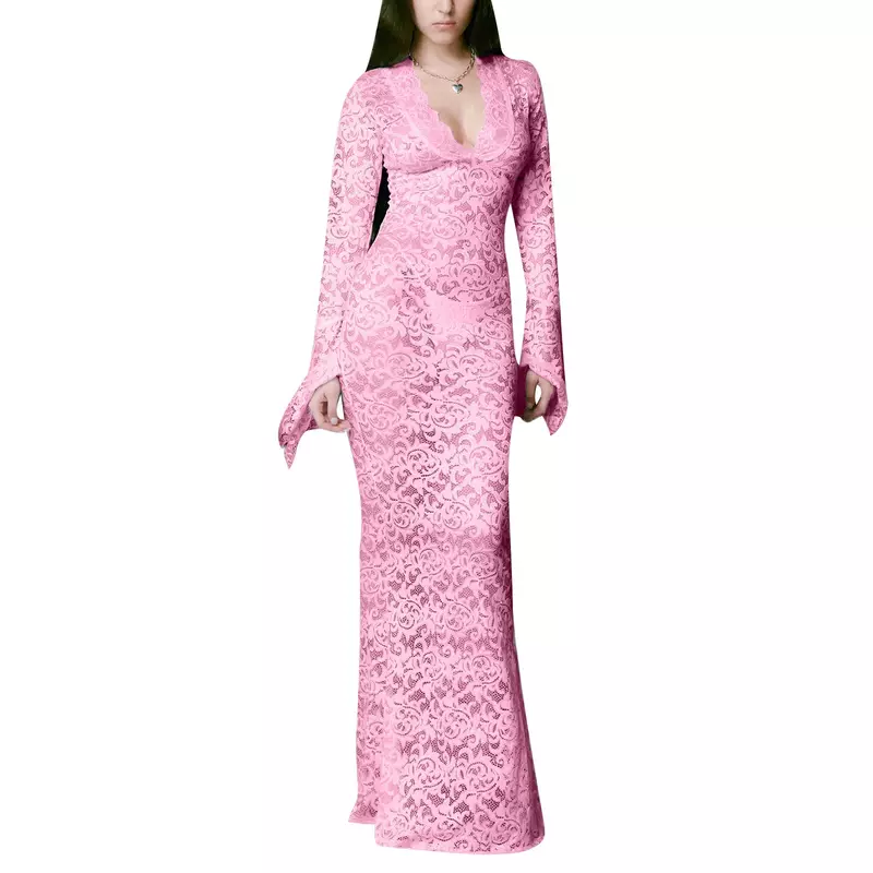Frauen lang geschnittenes Kleid Langarm V-Ausschnitt durchsichtiges Abendkleid Spitze Blumen Party kleid