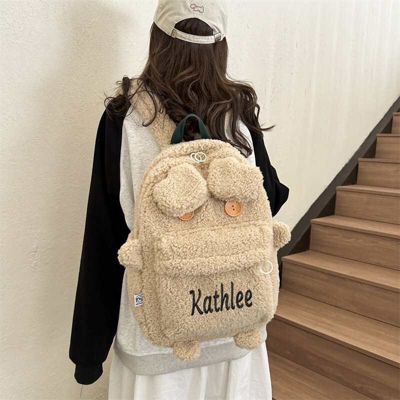 Mochila personalizada para mujer, bonita mochila de conejo de felpa, lana de cordero, bolsa de lana para estudiantes de secundaria