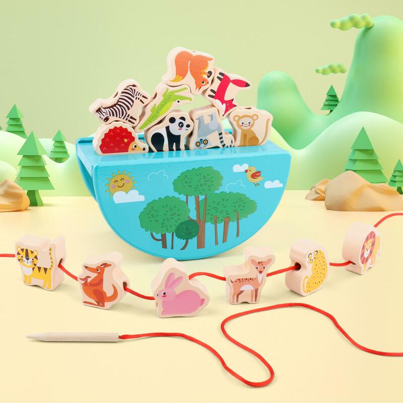 Bloques de animales de madera, juguetes educativos para preescolar, cuentas de cordones, juguete para niños de 3 a 6 años