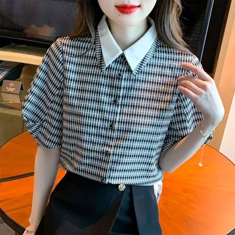 Fashion Lapel Printed Striped Puff Sleeve Shirts Female Clothing 2024 Summer New Loose Sweet Short Sleeve Tops Chic Blouses