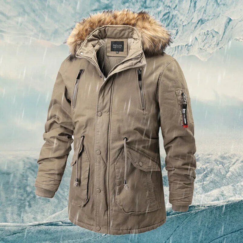 Jaket Berlapis Bulu Bertudung Pria Pakaian Luar Hangat-Jaket Penahan Angin Musim Dingin Pria 20 Derajat, Jaket Penahan Angin Kerah Bulu