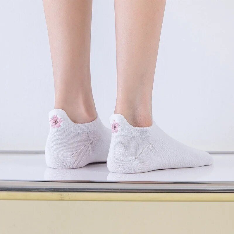 Kaus kaki katun wanita, baru gaya tipis sulaman bunga sederhana gaya tahan lama nyaman bernafas D102