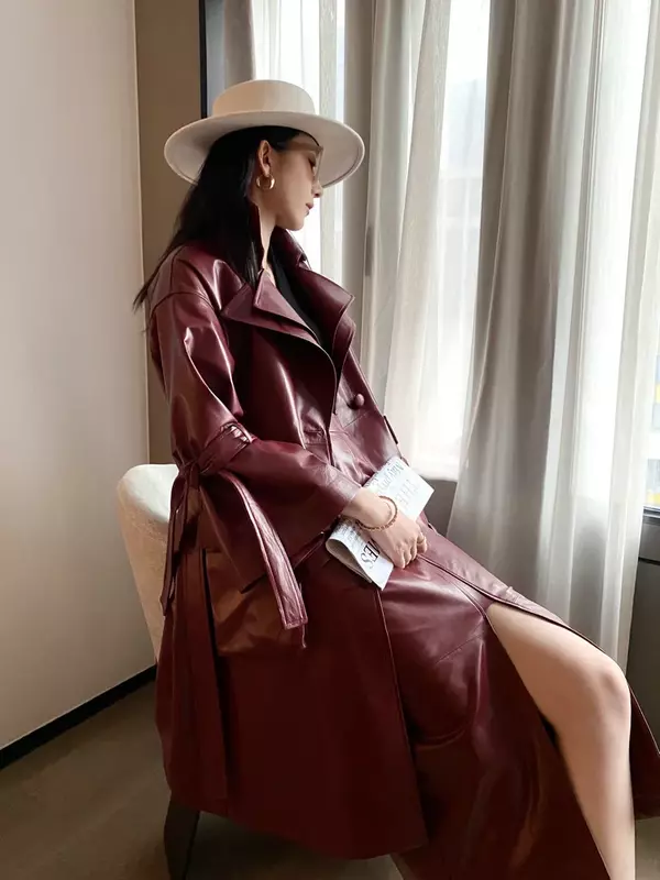 Feminino laço-up temperamento casaco terno colarinho sino manga trench coat pele de carneiro roupas de couro genuíno