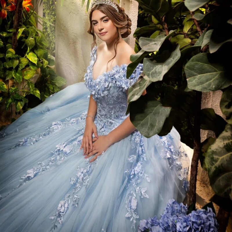 오프숄더 퀸시안라 무도회 드레스, 하늘색, 아름다운 아플리케, 3D 꽃 공주, 긴 우아함, 달콤한 16 원피스