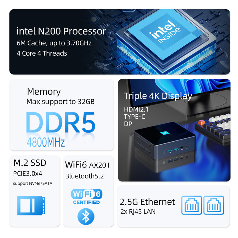 Mini PC Processador Intel N200, DDR5, 4800MHz, M.2 SSD, Windows 11, WiFi 6, Bluetooth 5.2, 4K, 60Hz, Tipo-C, HDMI, DP, 2.5G, ethernet, USB 3.2