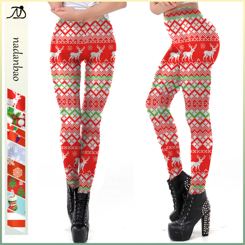 Nadanbao Sneeuwvlokken Print Leggings Vrouwen Mid Taille Elastische Panty Vrolijk Kerstbroek Dames Vakantie Feest Grappige Broek