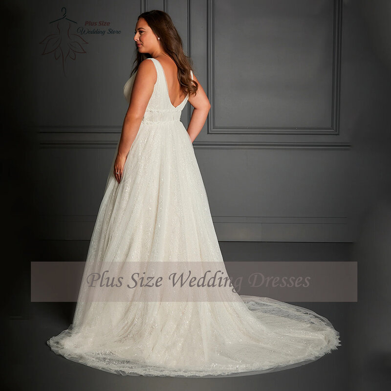 Elegant Wedding Dresses V-Neck Sleeveless Empire Zipper Bride Gown Tulle A-Line Lace Applique Vestido De Noiva Plus Size