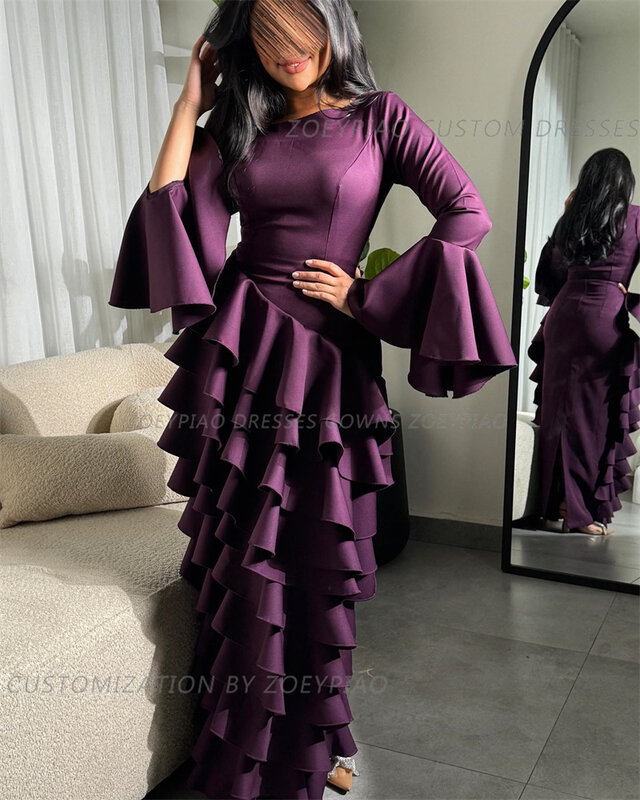 Темно-фиолетовые технические платья для торжественных мероприятий в Дубае, вечерние платья с круглым вырезом и длинными рукавами, 2024