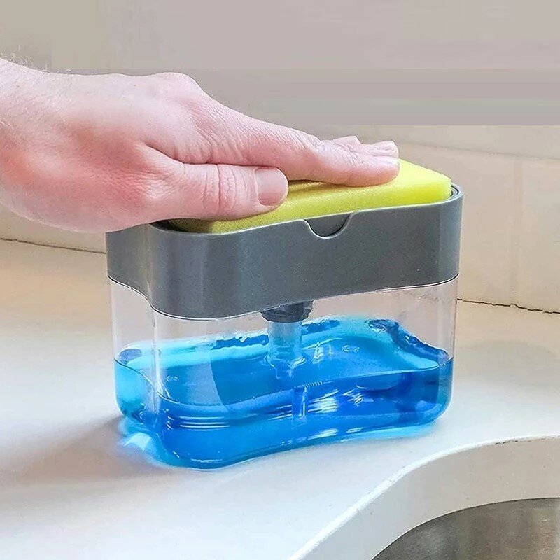 Garrafa automática do distribuidor do sabão para o líquido, Push Type Cleaning Fluid Dispenser Box, Esponja manual para lavar louça da cozinha, Atacado