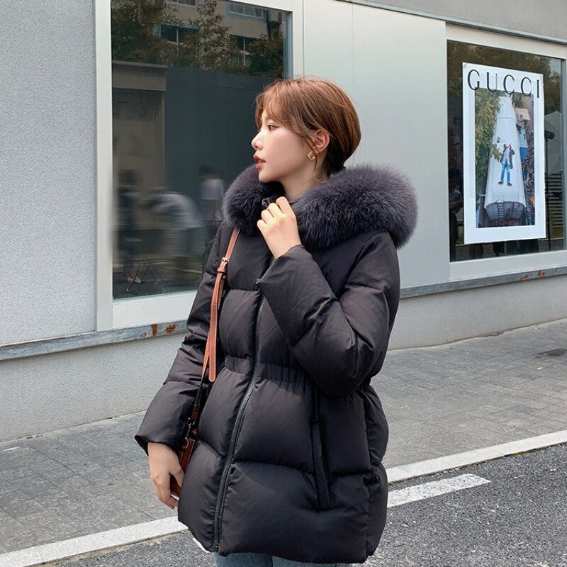 2023 여성용 후드 모조 여우 모피 칼라 퍼퍼 코트, 가볍고 따뜻한 방수 파카, 겨울 여성 화이트 덕 다운 캐주얼 재킷