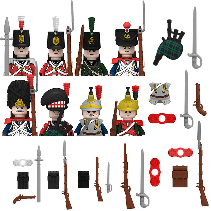 Figuras militares guerras napoleônicas série blocos de construção medieval francês dragoon soldados britânicos armas militares tijolos brinquedos