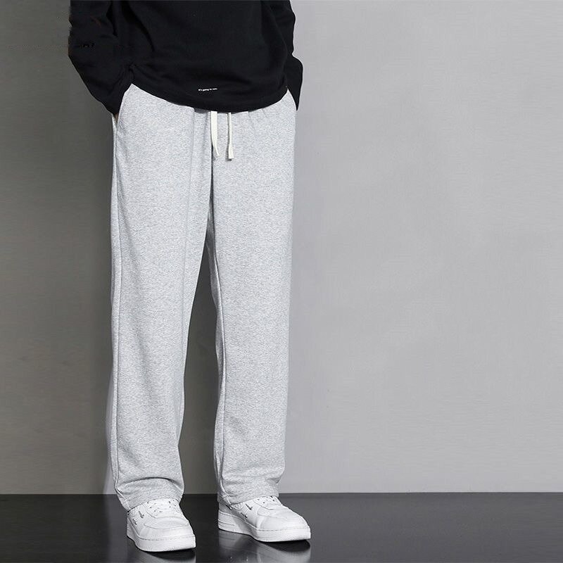 2024 New Spring and Autumn Fashion Sports Men's Sweatpants Solid Pocket Drawstring Elastic Waist Casual Loose Wide Leg Pants