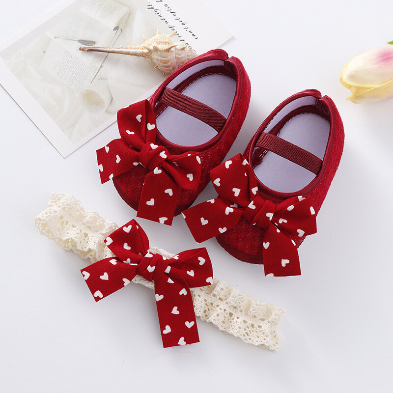 Cotton First Walkers Shoes for Newborn Baby Girls Toddler Shoes Headband Set Infant Flats Bow Knot Headband Soft Sole Non-slip