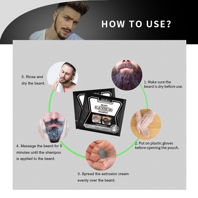 5pcs Instant Hair Dye Black Beard Shampoo for Men Natural Beard Coloring Temporary Blackening Moustache Shampoo Wash convenient