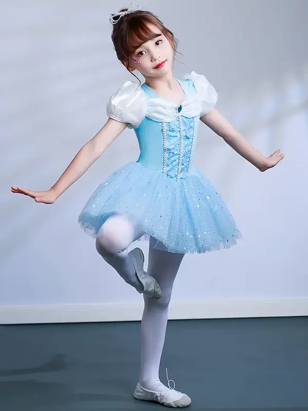 Blaue Fee Tanz kleid Kinder Mädchen Mesh Tutu Ballett Tanz kostüm offenen Schritt Bühne Gymnastik Trikot Ballerina Tanz kleidung
