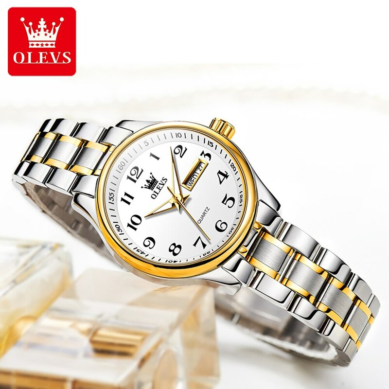 OLEVS-reloj de cuarzo de lujo para mujer, elegante reloj de acero inoxidable luminoso, resistente al agua, reloj de pulsera con fecha de semana, reloj de vestir para mujer