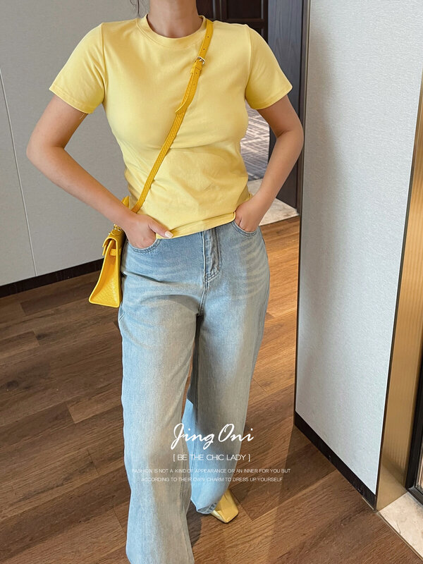 기본 티셔츠 Y2k 여성 의류, 2024 여름 한국 패션 스타일, 우아한 럭셔리 빈티지 크롭탑, 반팔, 젊음, 신상