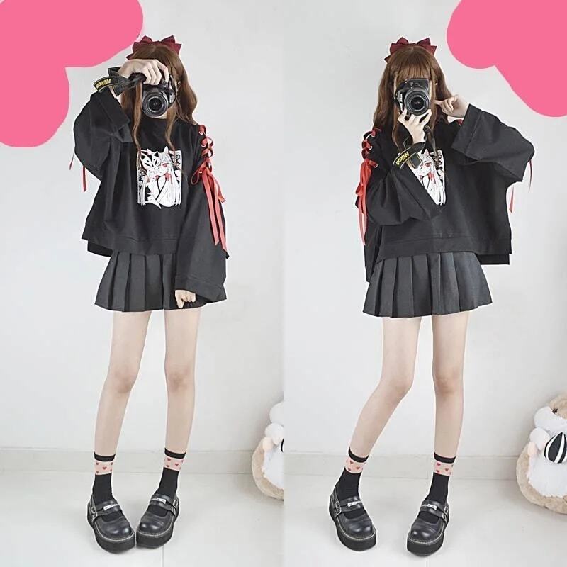 Camiseta de Lolita con estampado de zorro de Anime para mujer, ropa de verano, camiseta Harajuku para niña, falda superior negra de primavera