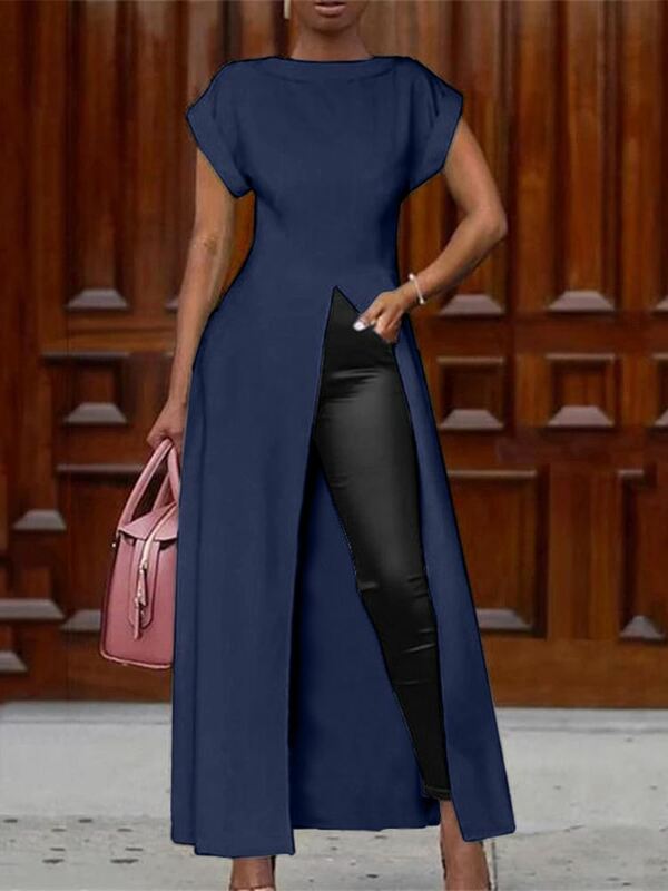 Модная летняя Длинная блузка VONDA 2024, асимметричная Женская туника с разрезом, однотонная Повседневная элегантная женская блузка с коротким рукавом