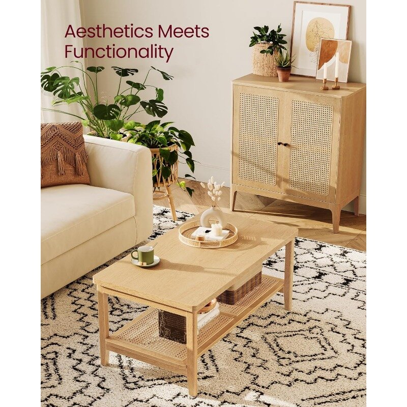2-Tier Coffee Table for Living Room, Living Room Table Rectangular Center Table, with PVC Rattan Storage Shelf, Rounded Corners