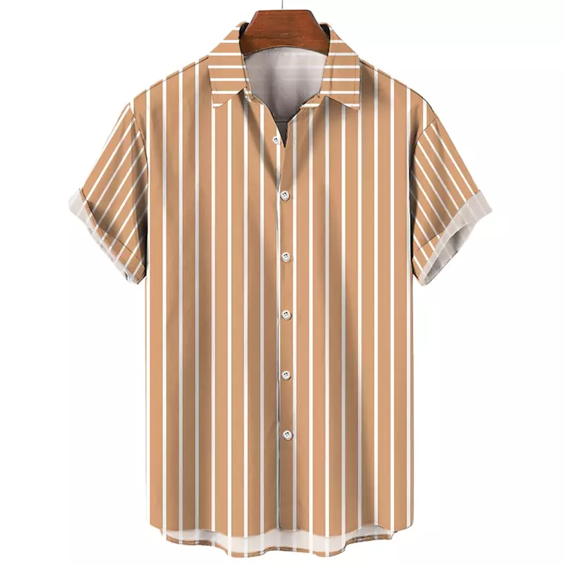 Camisa casual listrada masculina, estampa havaiana, moda praia de manga curta, moda social, botão de lapela, roupas grandes, verão