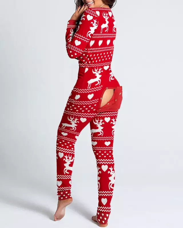 Mono de pijama Sexy para mujer, traje con botones, parte delantera y trasera, trasero, trasero abierto, solapa, ropa de estar por casa, estampado navideño, abotonado