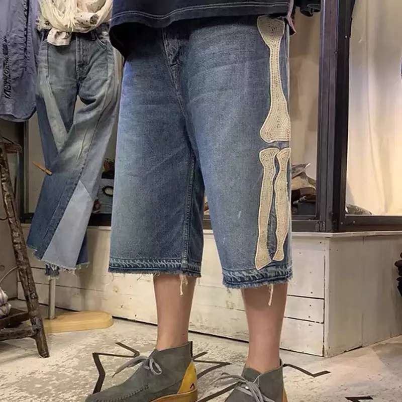 KAPITAL Hirata Hohiro Lose Entspannt Hosen Bestickt Knochen Waschen Verwendet Raw Rand Denim Shorts für Männer und Frauen Casual Jeans