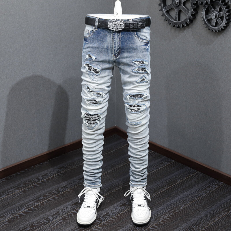 Modne dżinsy męskie uliczna Retro sprany niebieski elastyczna rozciągliwa chudy krój z dziurami dżinsów męska połatana designerska markowe spodnie Hip Hop