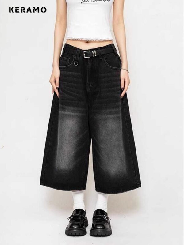 Повседневные мешковатые джинсовые шорты Y2K с широкими штанинами 1920-х годов, женские винтажные шорты в стиле Хай-стрит в стиле ретро, женские модные трапециевидные шорты с высокой талией