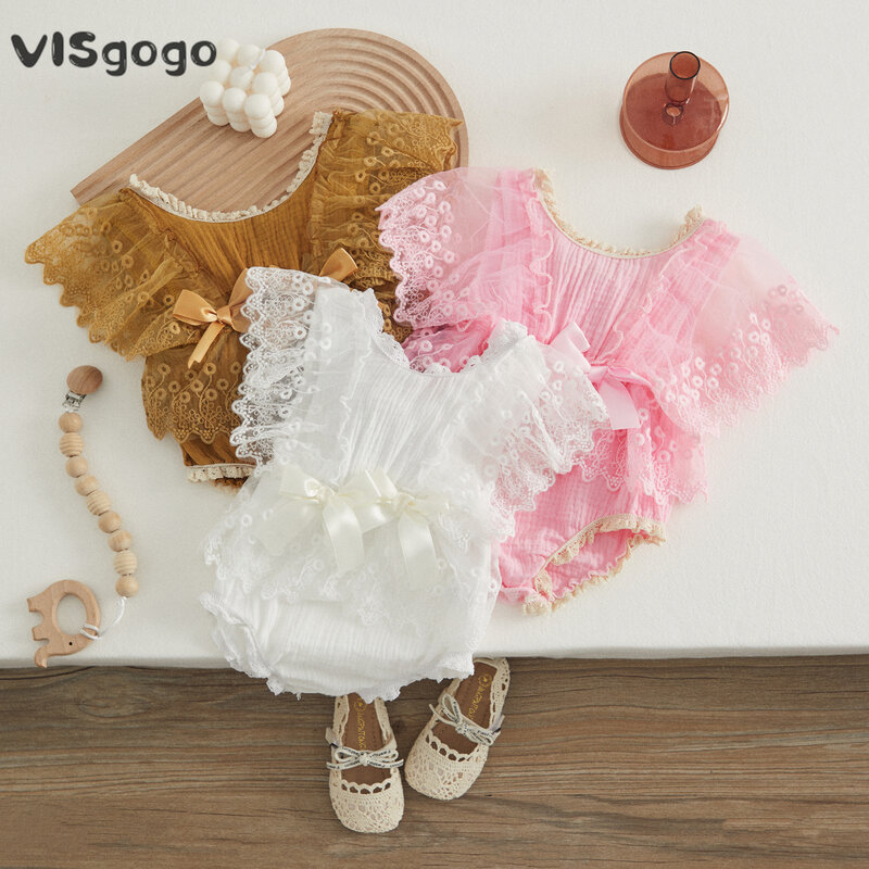 VISgogo 여아용 꽃 레이스 롬퍼, 공주, 스위트 보우 프릴, 플라잉 슬리브, 점프 슈트, 유아 여름 옷