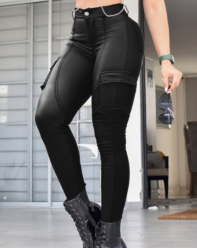 Pantaloni da donna primavera autunno moda tasca con bottoni Design a vita alta Casual Skinny pianura pantaloni lunghi quotidiani Y2K Streetwear