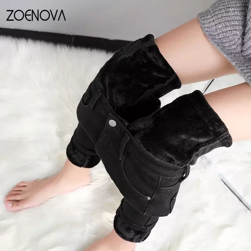 Zoenova Frauen dicke Samt Jeans Fleece warme koreanische Mode hohe Taille dünne elastische Hosen Jean Casual Legging Winter 2023