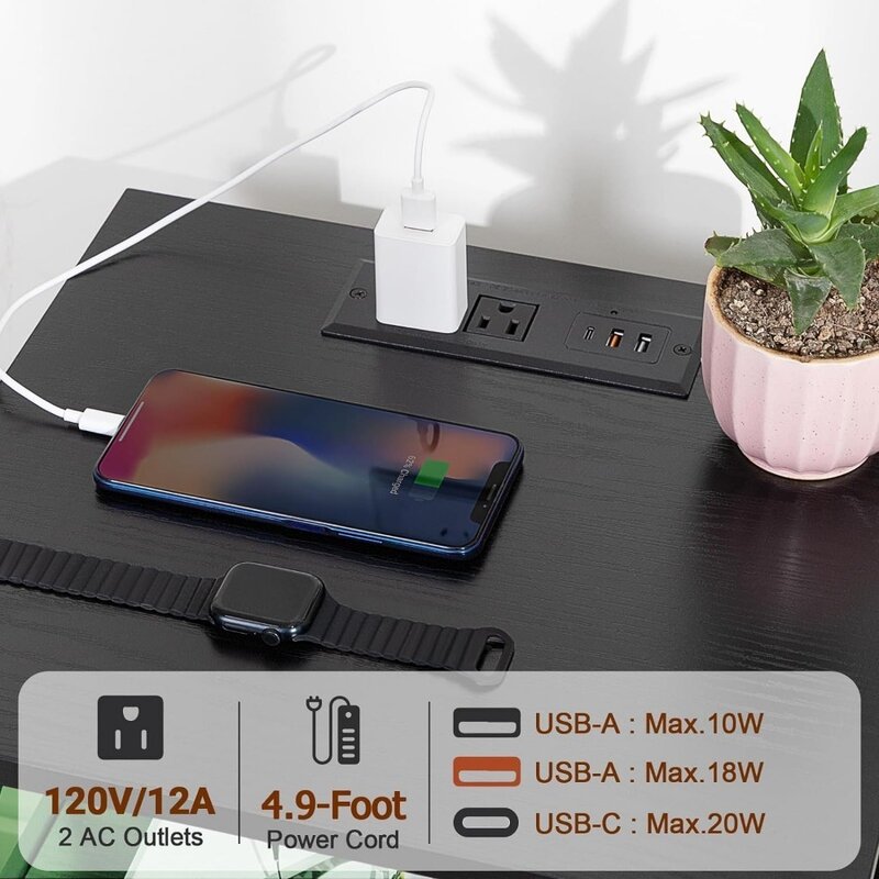 USBポートとソケットを備えたLEDスタンド,2つの引き出し付きの黒いテーブル,リビングルームとベッドルーム用