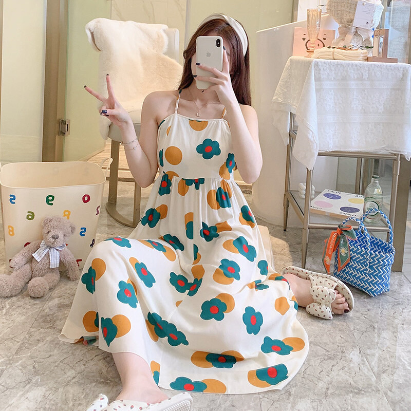 Nightgowns Women Folds Casual Loose Summer Midi Design Fashion Sleeveless Sleepwear Ulzzang Ladies Breathable Floral Backless