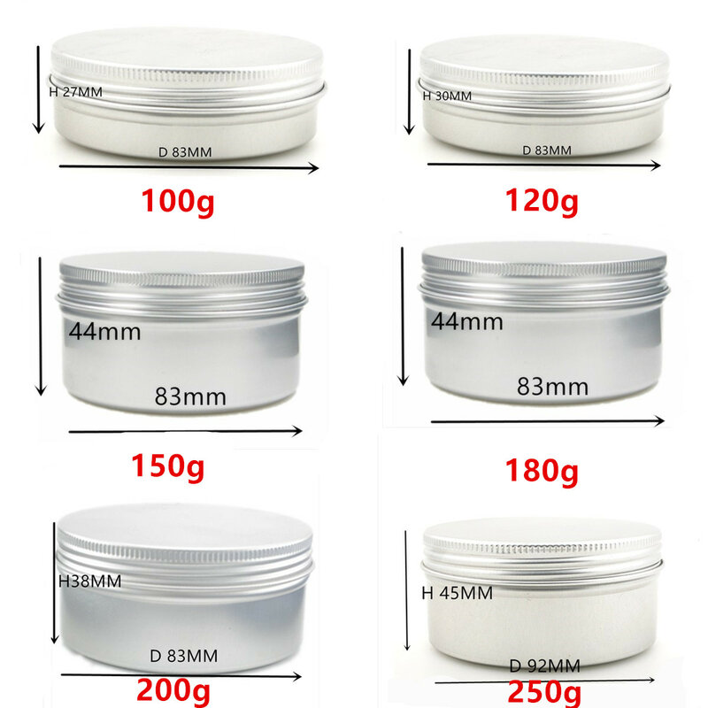 5g 10g 15ml 20g 30ml 40g 60g/2oz 80g 100g 120g 150g 200g aluminum tin bottle,comestic containers case  jar with screw thread lid