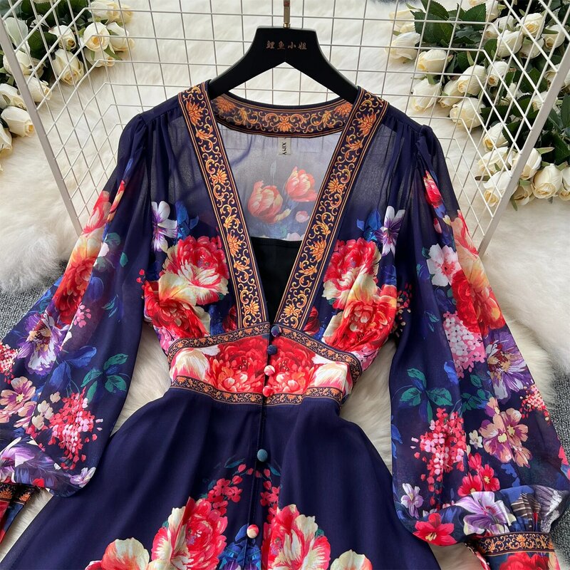 Seksowna elegancka szyfonowa sukienka z nadrukiem w stylu vintage z dekoltem w szpic dla kobiet Letnia impreza Francuska słodka plaża Plisowane sukienki