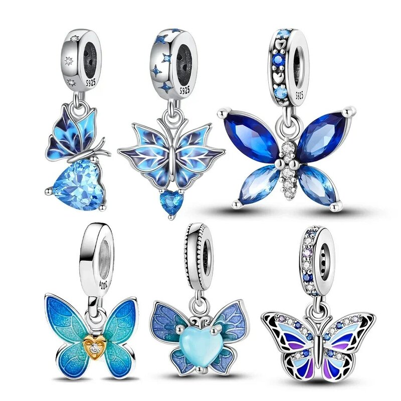 Sterling 925 Silver Charm Gradient Ice Blue Butterfly Charm for Original Pandora Bracelet Charm Women's Beaded Jewelry