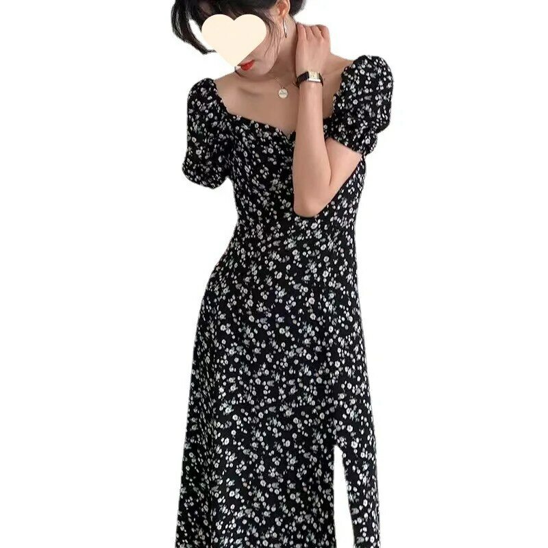 Francuska pierwsza miłość słodka kwadratowa dekolt rękaw typu bombka mała świeża rozdrobniona sukienka w kwiaty czarna spódnica z temperamentem
