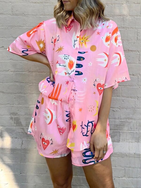 Vrouwen 2 Delige Pyjama Outfits Boho Grafische Print Shirt Met Korte Mouwen Elastische Taille Shorts Casual Strandvakantie Loungewear