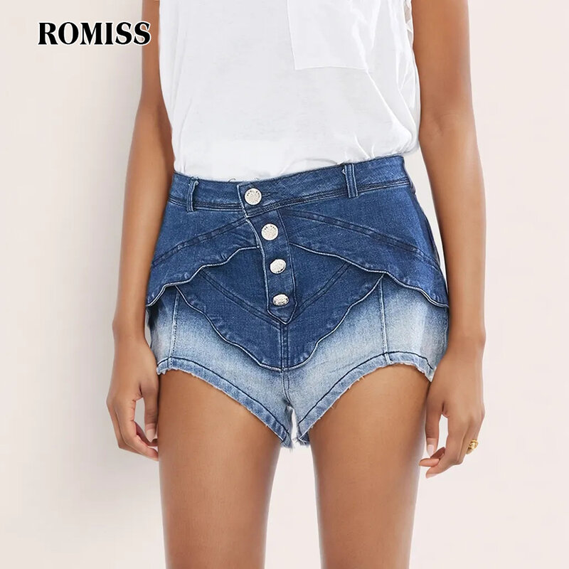 Romose celana pendek Denim seksi untuk wanita, pakaian celana pendek Denim pinggang tinggi kancing Patchwork blok warna, pakaian jalanan 2024