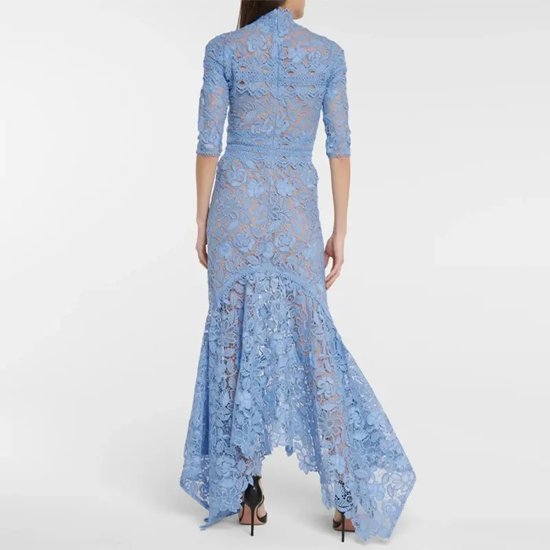 Женское зрелое синее кружевное платье, необычное длинное модное платье с низкой посадкой