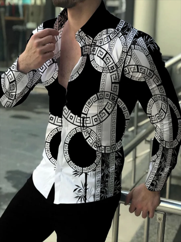 남성용 라펠 긴팔 스트레치 셔츠, 3D 프린팅 패션, 캐주얼 셔츠, 파티 거리 휴가 용수철, 여름, 2024