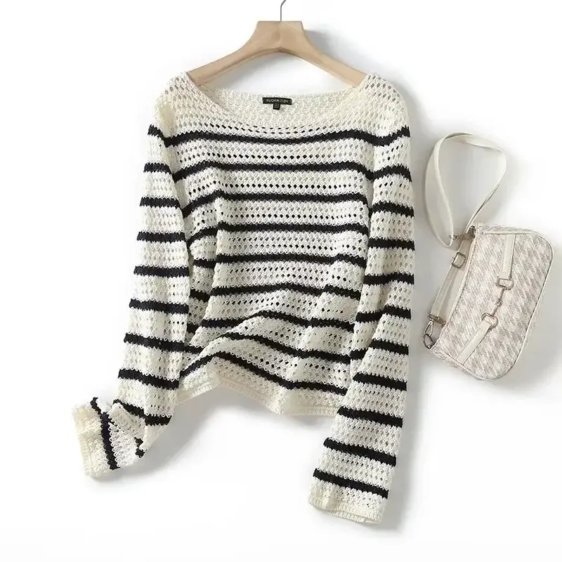 Women's 2023 New Fashion Lazy Wind Stripe Hollow Leisure Knitted Sweater Retro O-neck Long-sleeved Female Pullover Chic Top