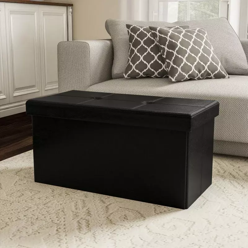 Lavish Home 30-inch Faux Leather Folding Storage Ottoman with Removable Bin (Black)