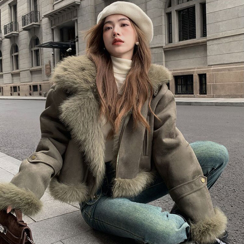 2023 New Autumn Winter Fur One Jackets Women Overcoat Suede Short Motorcycle Clothing Female Slim Korean Casual Jacket Outerwear