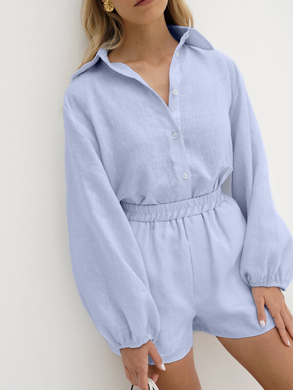 Marthaqiqi-Pyjama à manches longues et col rabattu pour femme, ensemble de vêtements de nuit décontractés en coton pour femme, chemise de nuit pour femme, short, bleu, trempé