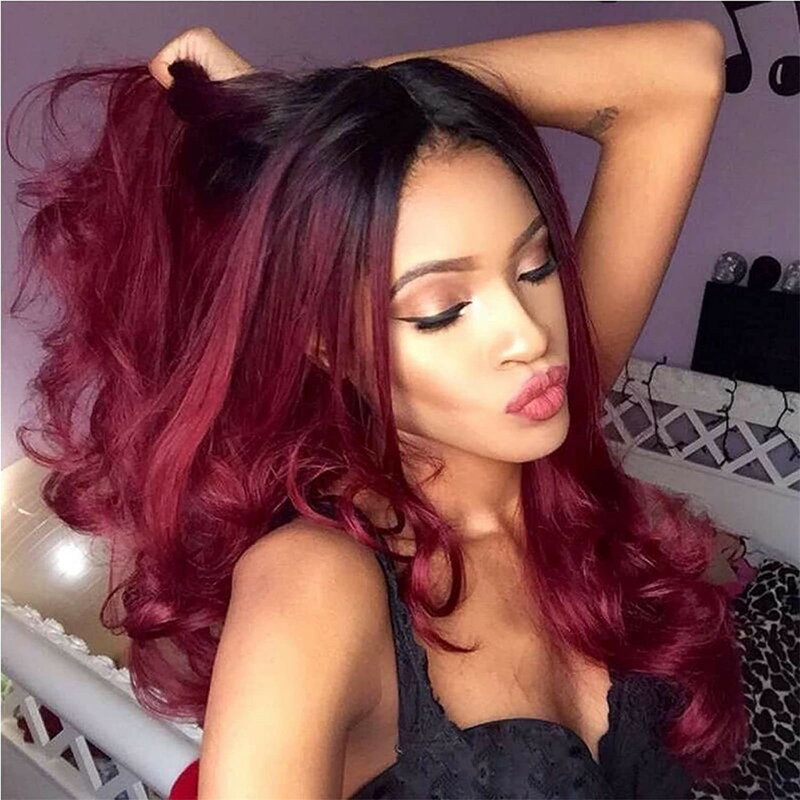Gradient Burgundy Long Wavy Wigs Wine Center Parted Daily Date Synthetic Hair Party Cosplay Wig Heat Resistant Fiber