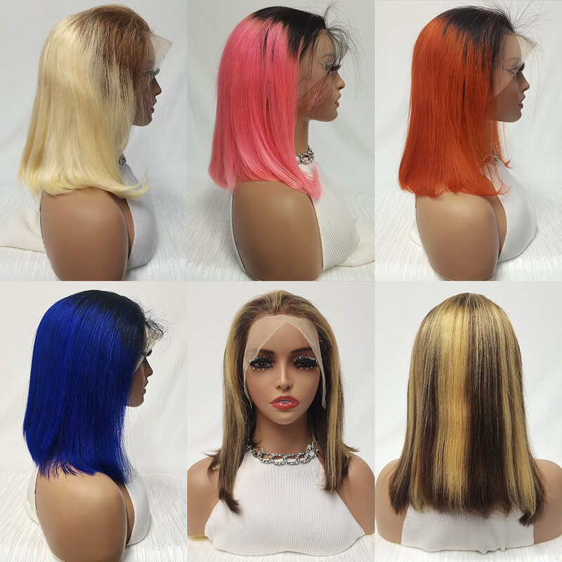 Peruca de cabelo humano reta de Bob curto para mulheres, perucas frontais de renda, azul, roxo, rosa, densidade 180, 13x4, colorida