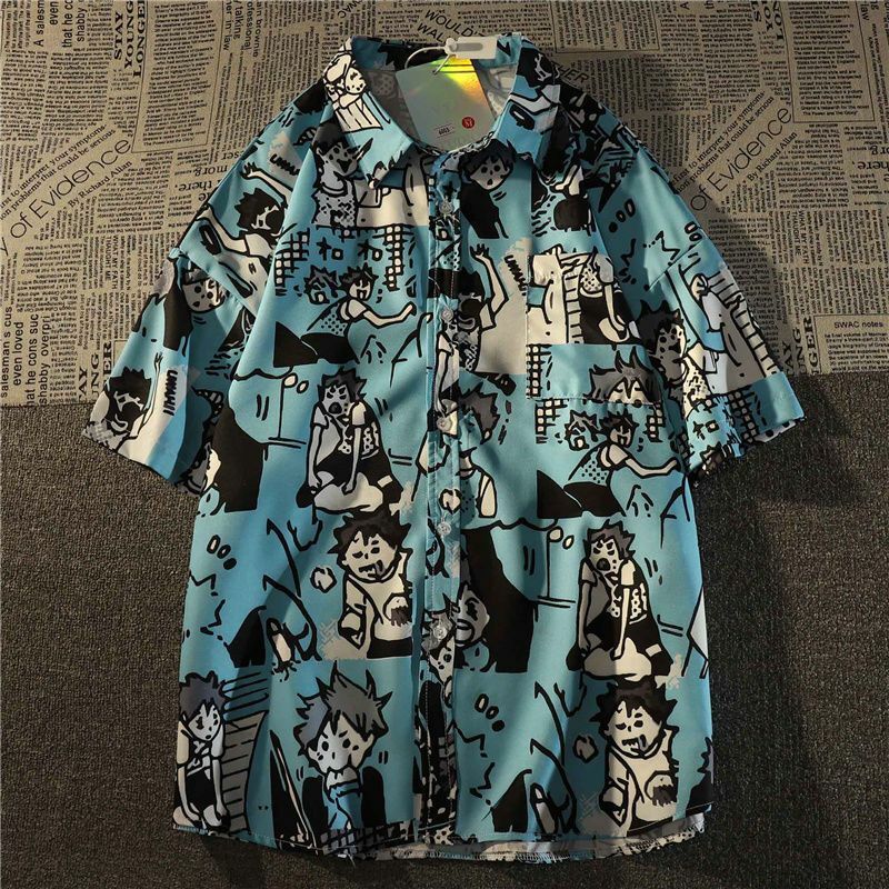 Рубашка женская шифоновая на пуговицах, винтажная блузка с коротким рукавом и цветочным принтом в японском стиле, с героями мультфильмов, на лето