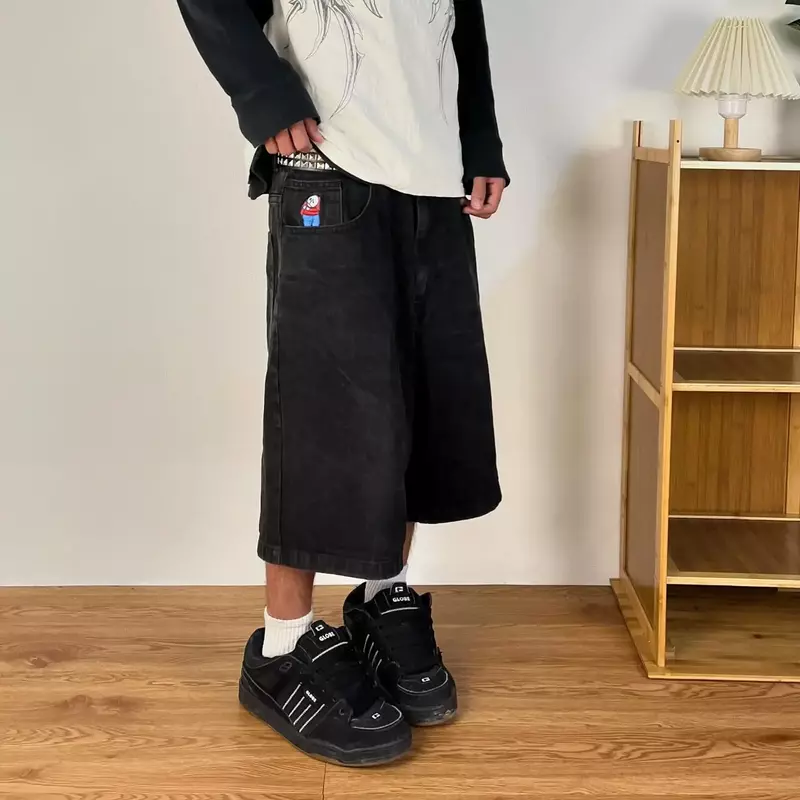 Винтажные джинсовые шорты с графической вышивкой для мальчиков Y2k, уличная одежда в стиле хип-хоп, мешковатые шорты для спортзала, готические шорты в стиле Харадзюку